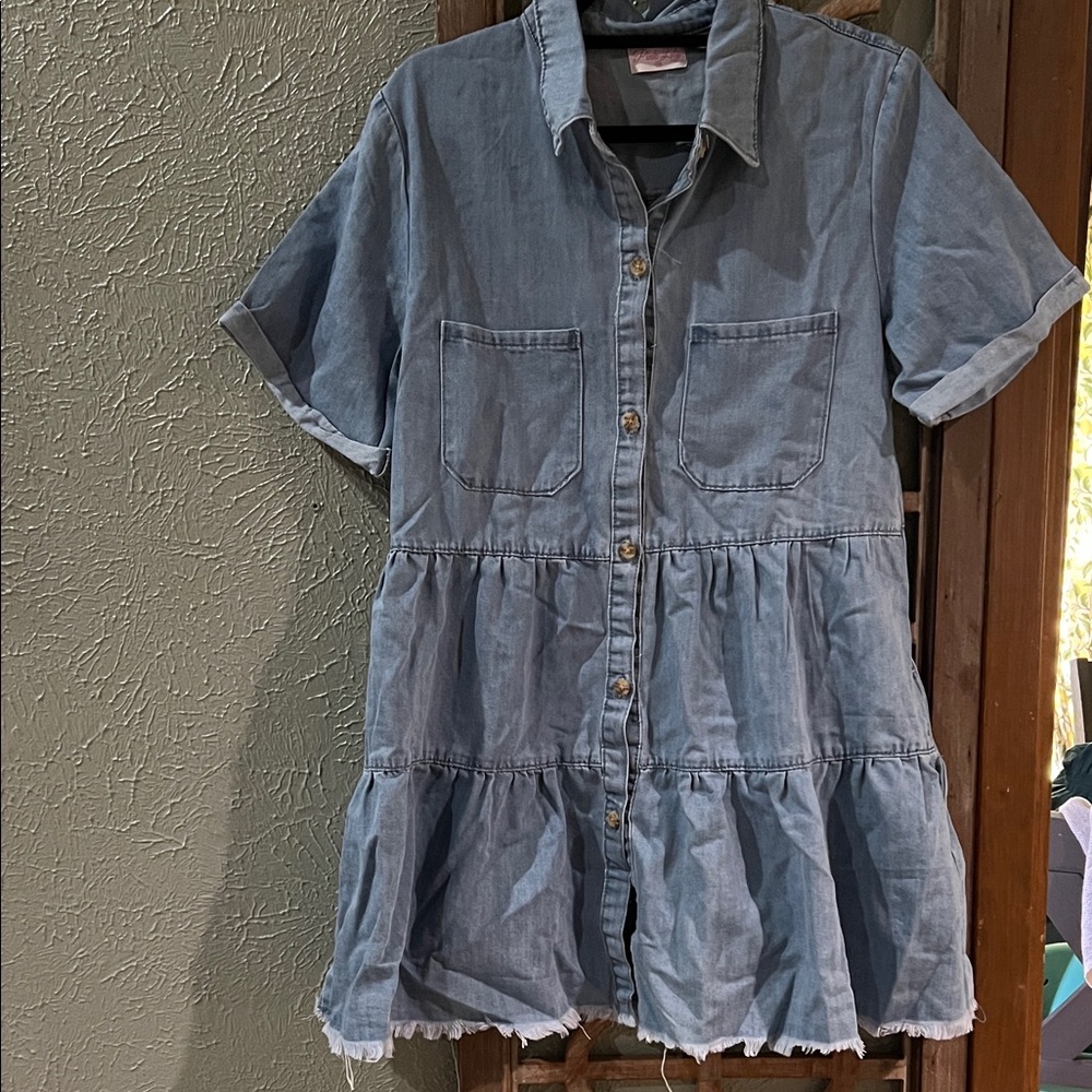 Chambray Button-Front Tiered Dress - Light Blue